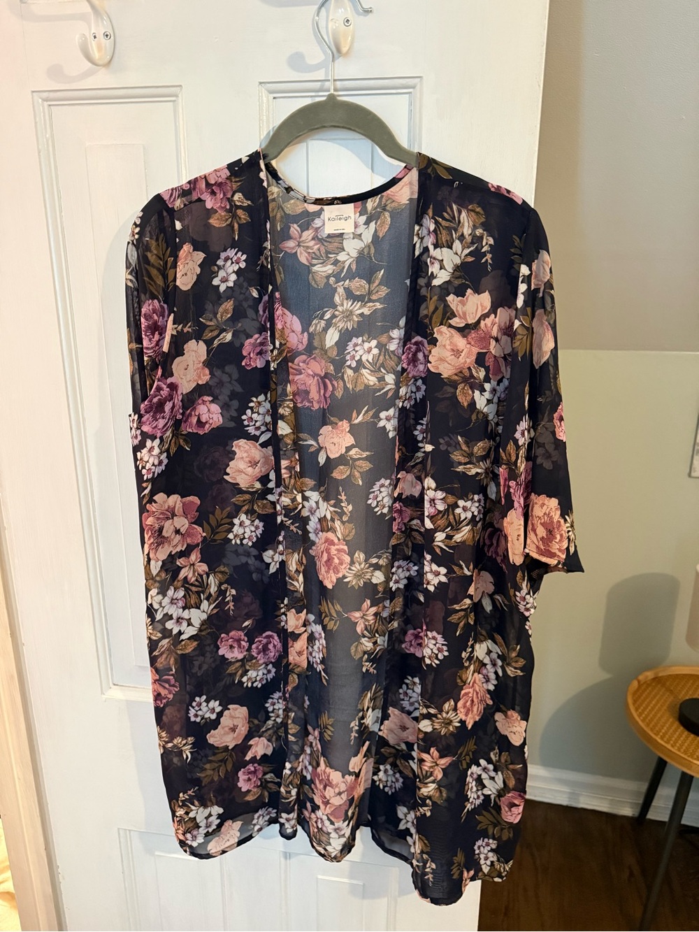 Floral Sheer Kimono Robe - Navy with Pink Blooms
